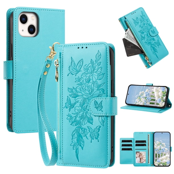 Funda Billetera Floral en Relieve iphone15 plus con Tarjetero y Cremallera Verde