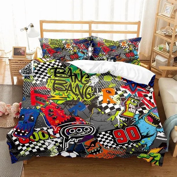 Hippie Graffiti Duvet Cover Set Size for Boys Youth Polyester Comforter Cover Modern Street Art Bedspread Cover Bed Sheets