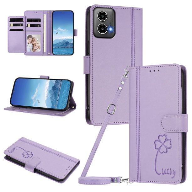 Funda Cartera Trébol para Motorola Moto G34 5G con Ranuras Tarjetas y Carga Inalámbrica Morado claro