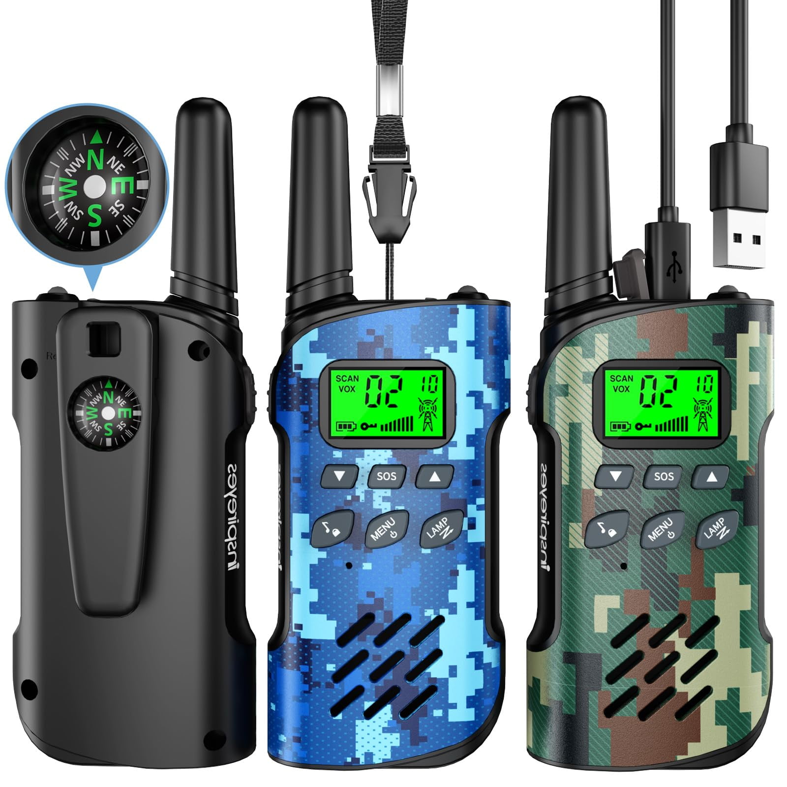 Walkie Talkies Inspireyes Recargables Para Niños, Paquete De 3 Camuflajes