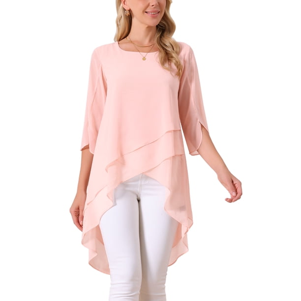 INSPIRE CHIC Blusa de Chifón para Mujer con Mangas Divididas 3/4 y Dobladillo Asimétrico Túnica Rosa L