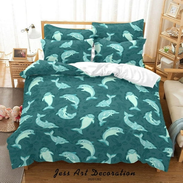 3D Cartoon Océano Azul Delfín Pescado Patrón Funda nórdica Juego de edredón Set de cama