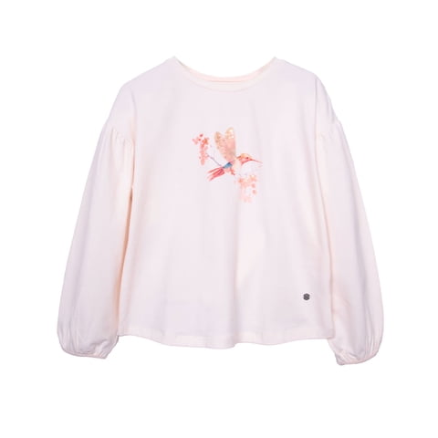 Pillin - Polera Niña Manga Globo Estampado Colibrí Crudo