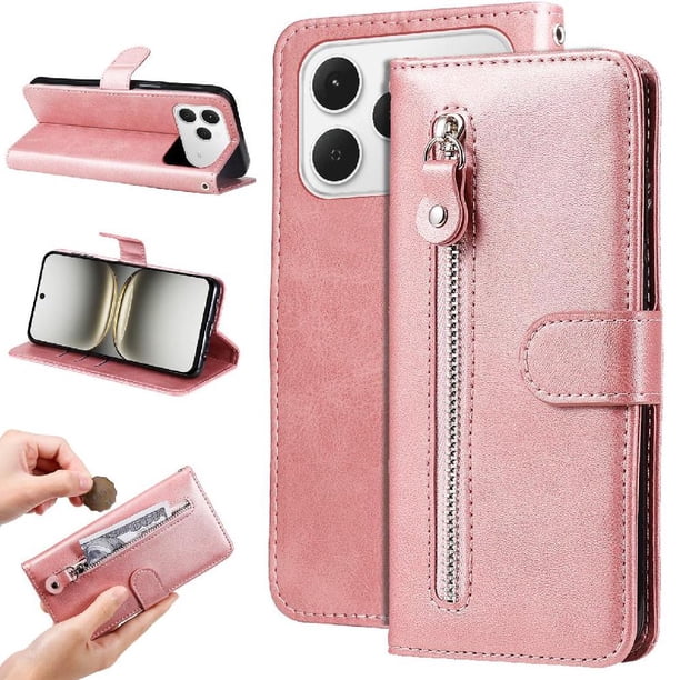 Funda tipo cartera para Tecno Spark 40 4G con bolsillo con cremallera y ranuras para tarjetas – Función de soporte Rosa
