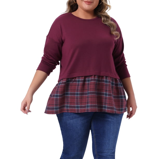Agnes Orinda Conjuntos de Halloween para Mujeres Blusa Básica Casual de Talla Grande con Cuello Redondo, Manga Larga, Peplum de Retazos y Cuadros 4X Burdeos