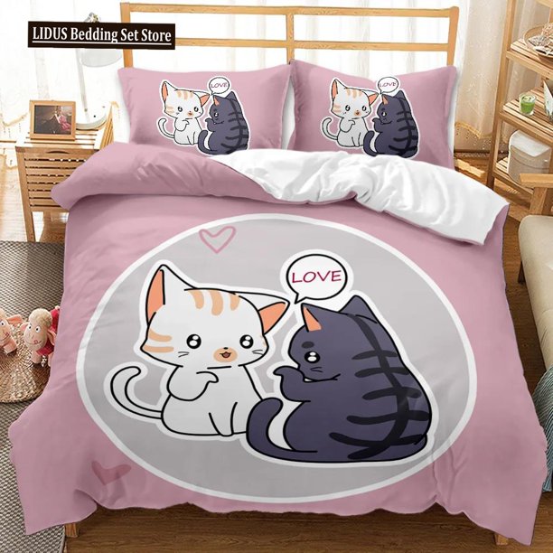 v1118 Bed Sheets Cat Duvet Cover Set Cute Cartoon Cat Twin Bedding Sets For Boys Girls Animal Cat Pattern Queen King Size Polyester Qulit Cover 3-Piece Bedding Set (1 Duvet Cover + 2 Pillow Shams) Bed