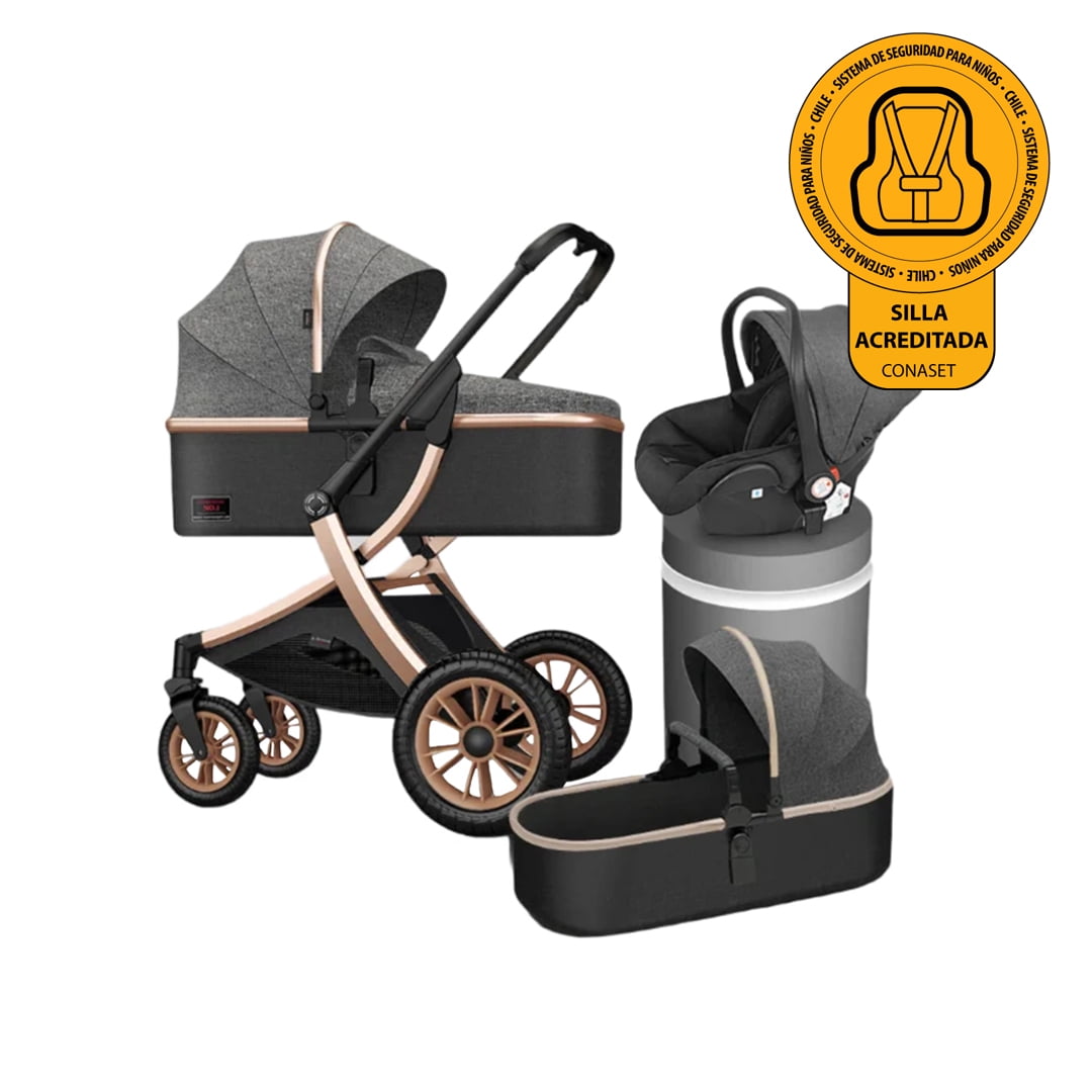 Babymine - Coche Cuna Con Silla Nido Y Cubre Pies Gris Dorado
