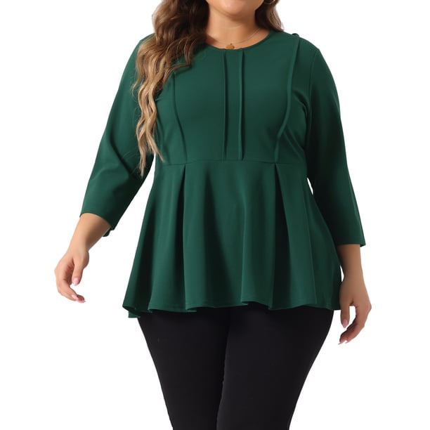 Agnes Orinda Conjuntos de Halloween Tops de Talla Grande para Mujeres Escuela Universidad Elegante Cuello Redondo Color Sólido Ropa de Trabajo Manga 3/4 Top Peplum 1X Verde