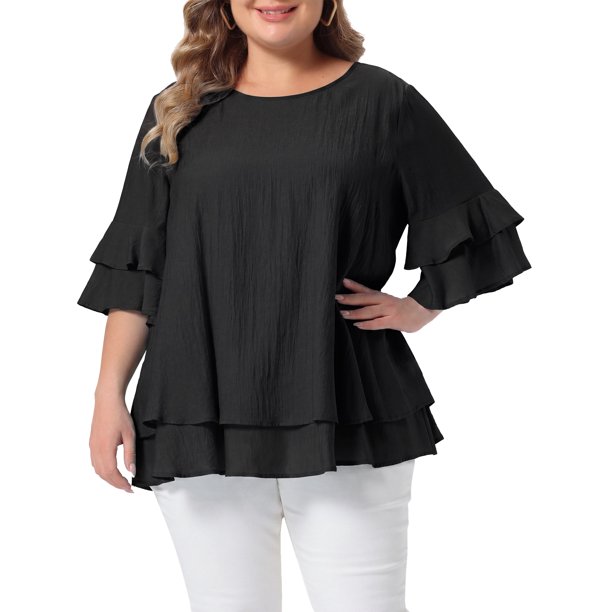 Agnes Orinda Blusas de Mujer Tallas Grandes Cuello Redondo Volante Manga Corta Blusa de Doble Capa Verano Casual Camisas Sólidas 1X Negro