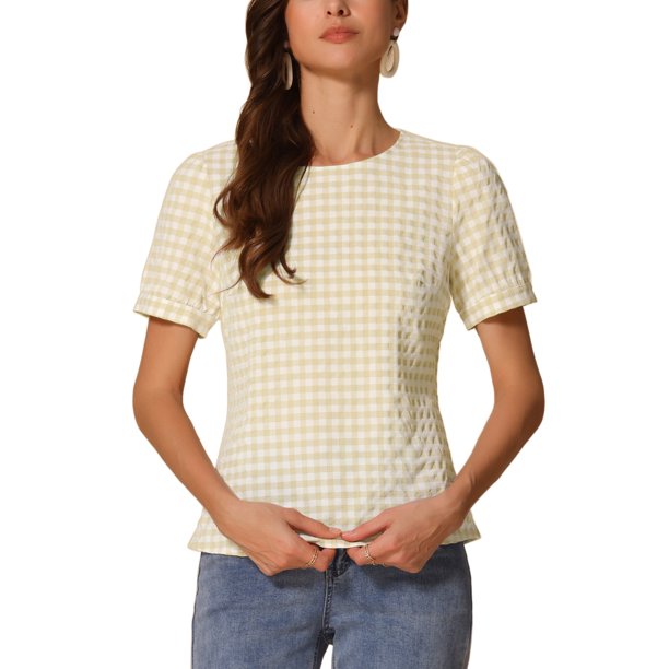 INSPIRE CHIC Blusas Vintage de Cuadros para Mujer con Mangas Cortas Abullonadas Cuello Redondo Camisa Casual XS Amarillo Pálido