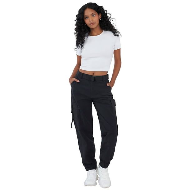 Pantalón Mujer Negro Jogger Cargo Cinturón Corona