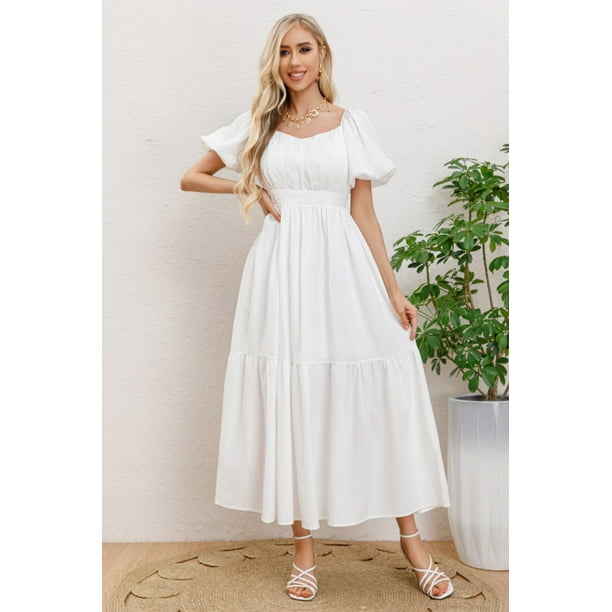 Vestido Largo Mujer Manga Globo Corta Cuello V 3345
