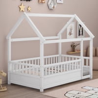 M&Ms - Twin Size Floor Wooden Bed With House Roof Frame, Fence Guardrails,White