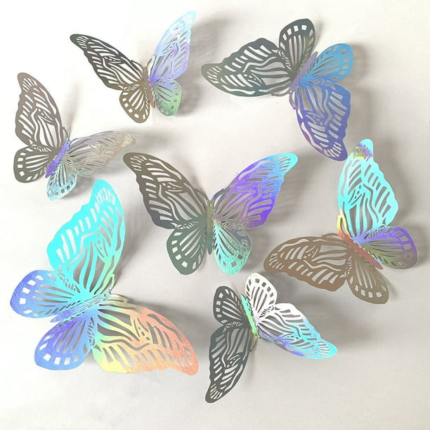 Set Of 12, 3D Colorful Silvery Butterfly Wall Sticker, Self-adhesive Hollow Paper Three-dimensional Decal For Living Room Bedroom, Wall Decoration, Home Room Decor