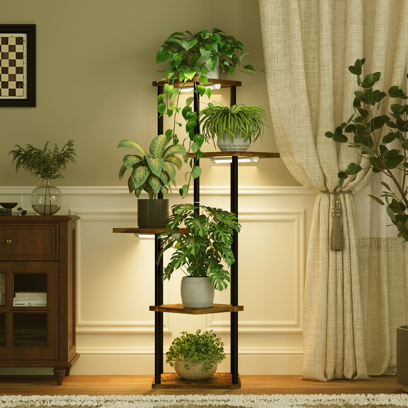 Soporte Para Plantas Con Luz De Cultivo Bamworld, Alto, 5 Niveles, Madera De Metal