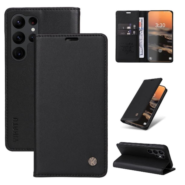 Funda Billetera de Cuero para Samsung Galaxy S23 Ultra con Tarjetero y Soporte - Tapa Magnética Negro