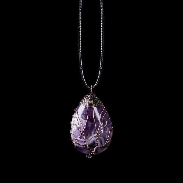 Healing Stones Tree of Life Necklace with Tiger Eye and Amethyst Crystals - Chakra Jewelry for Men and Women - Copper Wire Wrap Gemstone Pendant