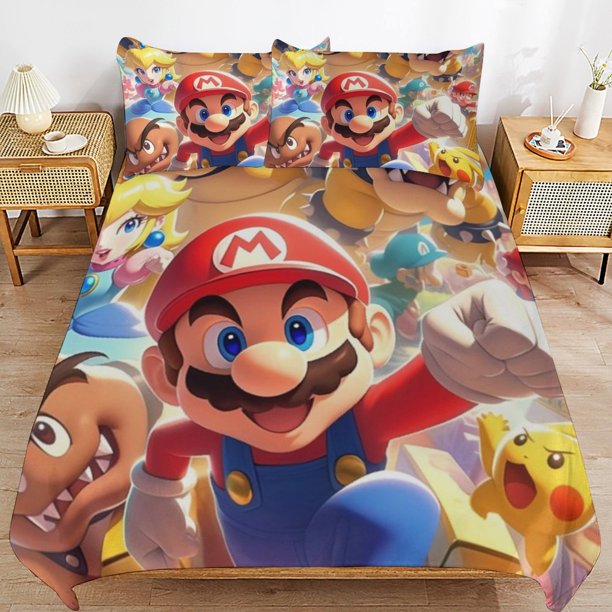 Super Mario 3-Piece Comforter Set for Bedroom Super Mario Bedding Set for Kids Adults Soft Microfiber Duvet Cover Set with Zipper Closure