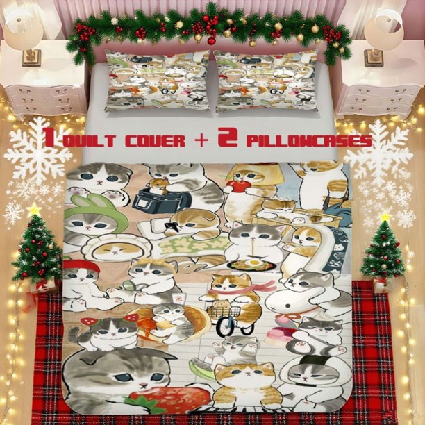 A Soft Cartoon Cat Print Bedding Set Made of Polyester Fiber Designed for Both Decoration And Warmth Suitable for Bedrooms And Guest Rooms