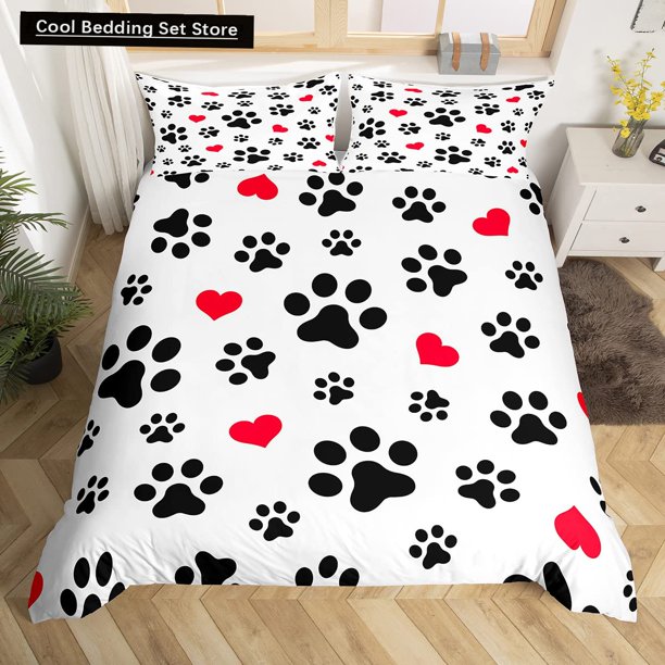 Black Dog Paw Duvet Cover Puppy Footprints Bedding Set Cat Paw Red Heart Love Comforter Cover Microfiber Quilt Cover Bed Sheets