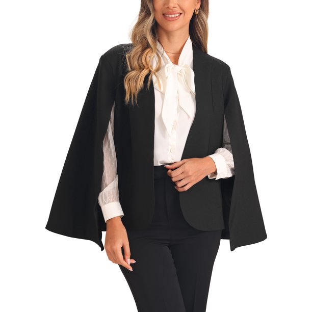 INSPIRE CHIC Blazer con Mangas de Capa para Mujer, Chaqueta Casual Abierta para Trabajo de Negocios, Talla S, Negro