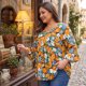thumbnail image 2 of Agnes Orinda Blusas Peplum Babydoll con Volantes de Manga 3/4 y Cuello en V Floral para Mujer Talla Grande 2X Negro Naranja, 2 of 8