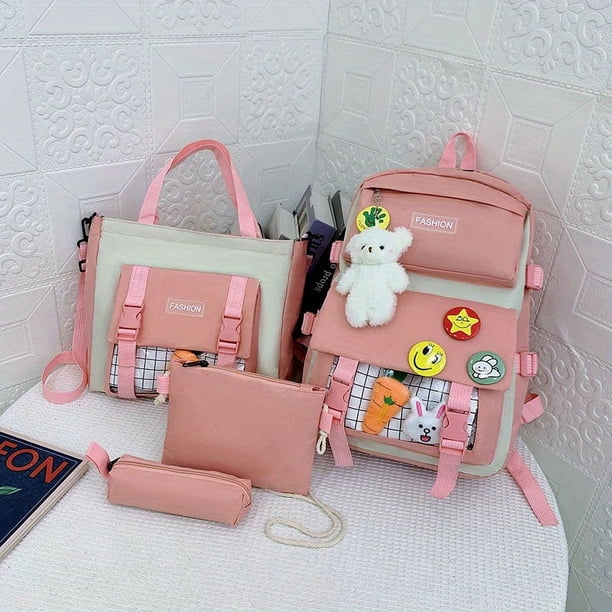 4pcs/set Simple Casual School Bag With Badges, Casual Canvas Backpack Tote Bag