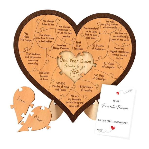 Placa de regalo de aniversario, artesanías de madera, decoración del hogar, rompecabezas de corazón de madera de escritorio para él, hombres, mujeres, 1er aniversario