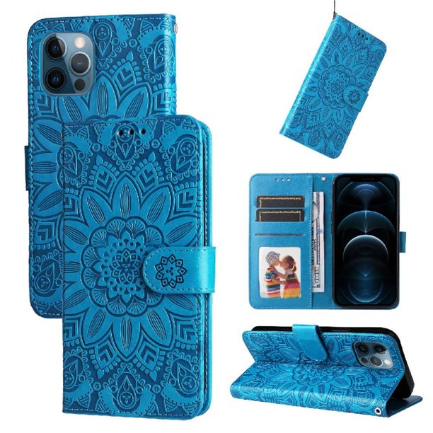 Funda tipo cartera FOXDOCK para iPhone 12 , diseño girasol en relieve, cuero PU, cierre magnético, soporte y tarjetero