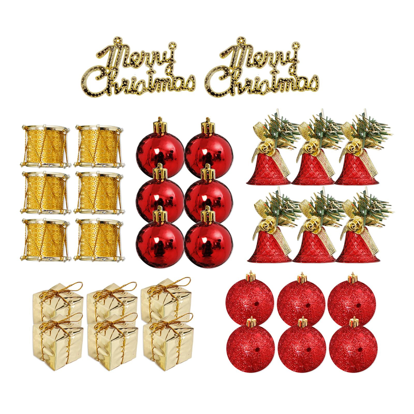 Magideal - 32 Piezas Decoraciones Para Árboles De Navidad Adornos Navideños Decorativos Bolas Campanas Tambores Cajas De Regalo Colgante Con Dijes Decoración Nav Oro Rojo