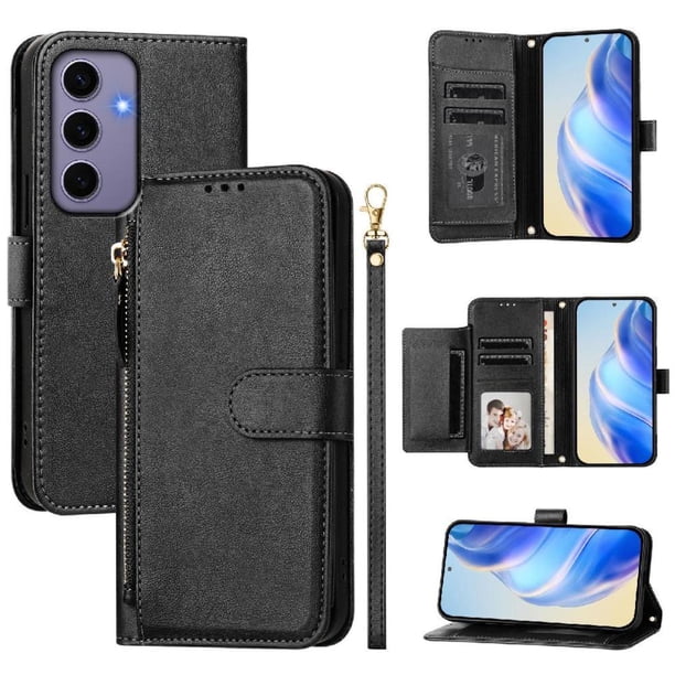 Funda Billetera Cremallera para Samsung Galaxy S24 5G con Porta Tarjetas, Soporte y Correa Negro