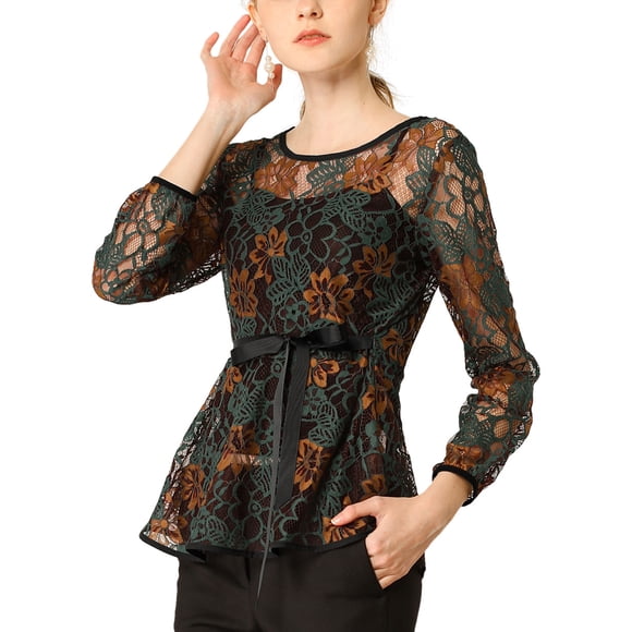 Blusa Peplum de Encaje para Mujer INSPIRE CHIC Mangas de Pulsera Florales Cintura con Lazo Talla L Verde