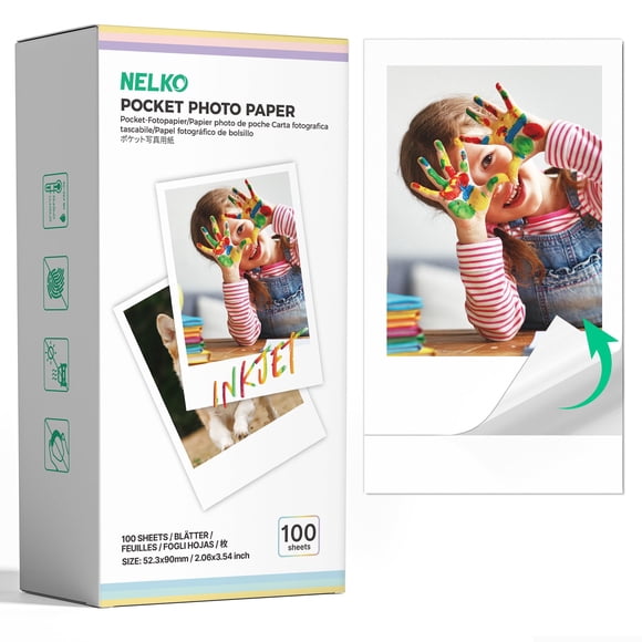Papel fotográfico Nelko PP01 Premium adhesivo 52.3x90 mm, paquete de 100