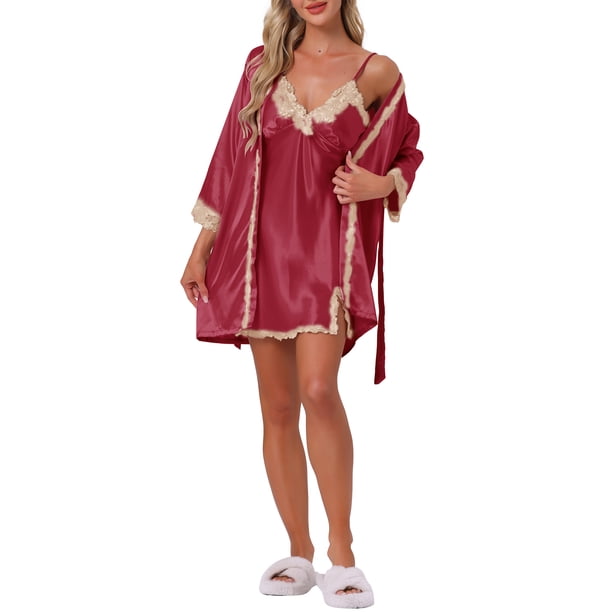 INSPIRE CHIC Conjunto de Pijama de Satén para Mujer con Encaje, Camisón y Bata de 2 Piezas con Manga 3/4 Ropa de Dormir S Rojo Vino