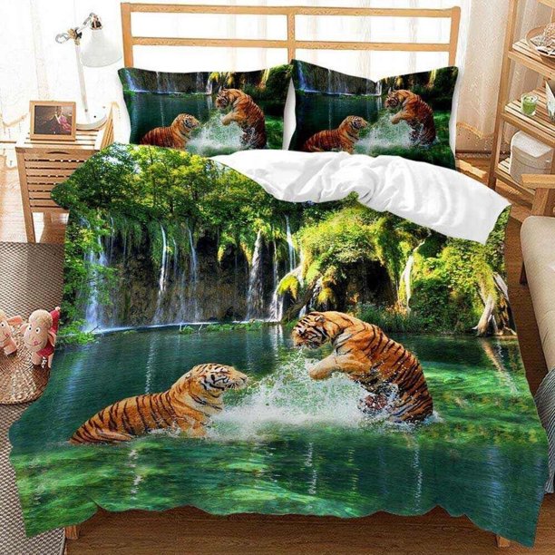 Tiger Animal Print Quilt Duvet Cover Set Doona Cover Pillowcase3-Piece Bedding Set