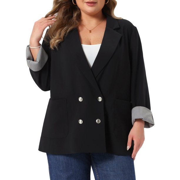 Blazer de Talla Grande para Mujer Agnes Orinda con Solapa, Doble Botonadura, Puños de Pata de Gallo Enrollados, Chaqueta de Traje Casual de Negocios con Bolsillos 4X Negro