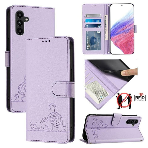 Funda tipo cartera FOXDOCK para Samsung Galaxy A04S con soporte, ranuras, RFID, diseño de gato