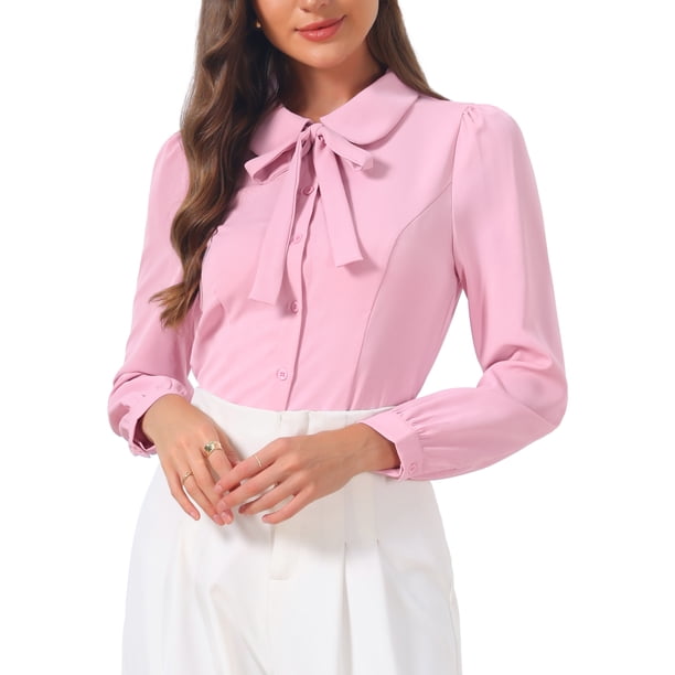 INSPIRE CHIC Blusa de Mujer para Regreso a Clases con Botones, Cuello Peter Pan, Lazo en el Cuello, Blusa de Color Sólido L Rosa Empolvado