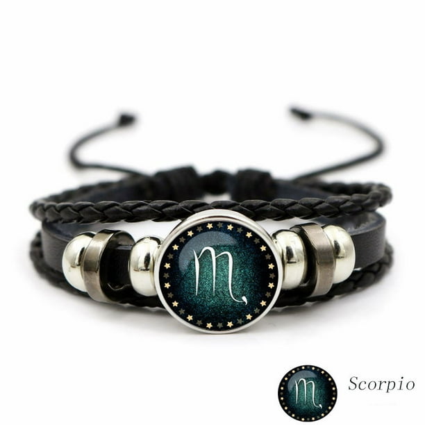 Luminous Twelve Constellation Artificial Gemstone Bracelet ,Beaded Rope PU Leather 12 Constellation Woven Bracelet