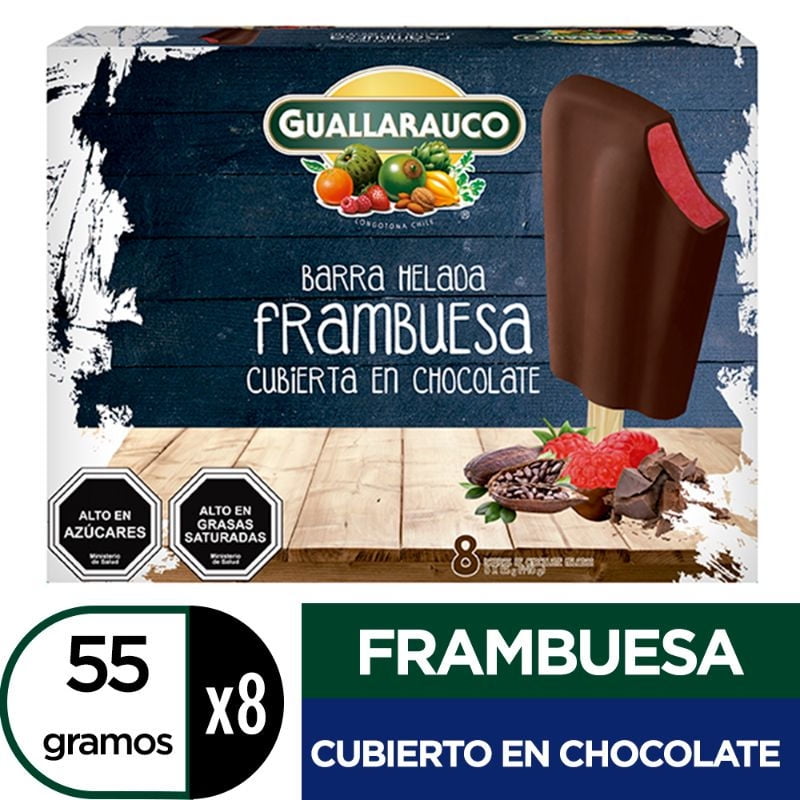 Helado Barra De Fruta Sabor Frambuesa Cubierto En Chocolate Caja Pack 8 x 55 g Guallarauco