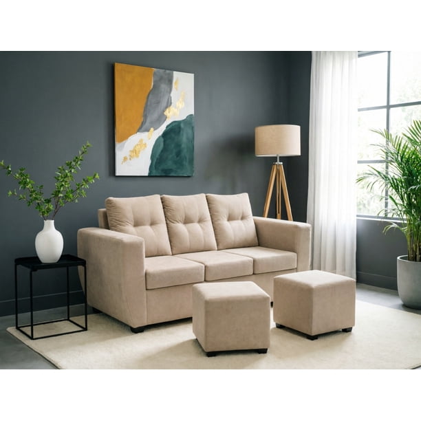 Living Alabama 3 cuerpos + 2 pouf Felpa Beige