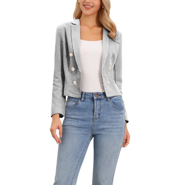 INSPIRE CHIC Blazer a Rayas para Mujer con Solapa de Muesca, Manga Larga, Abierto al Frente, Casual para Oficina, Talla S, Negro