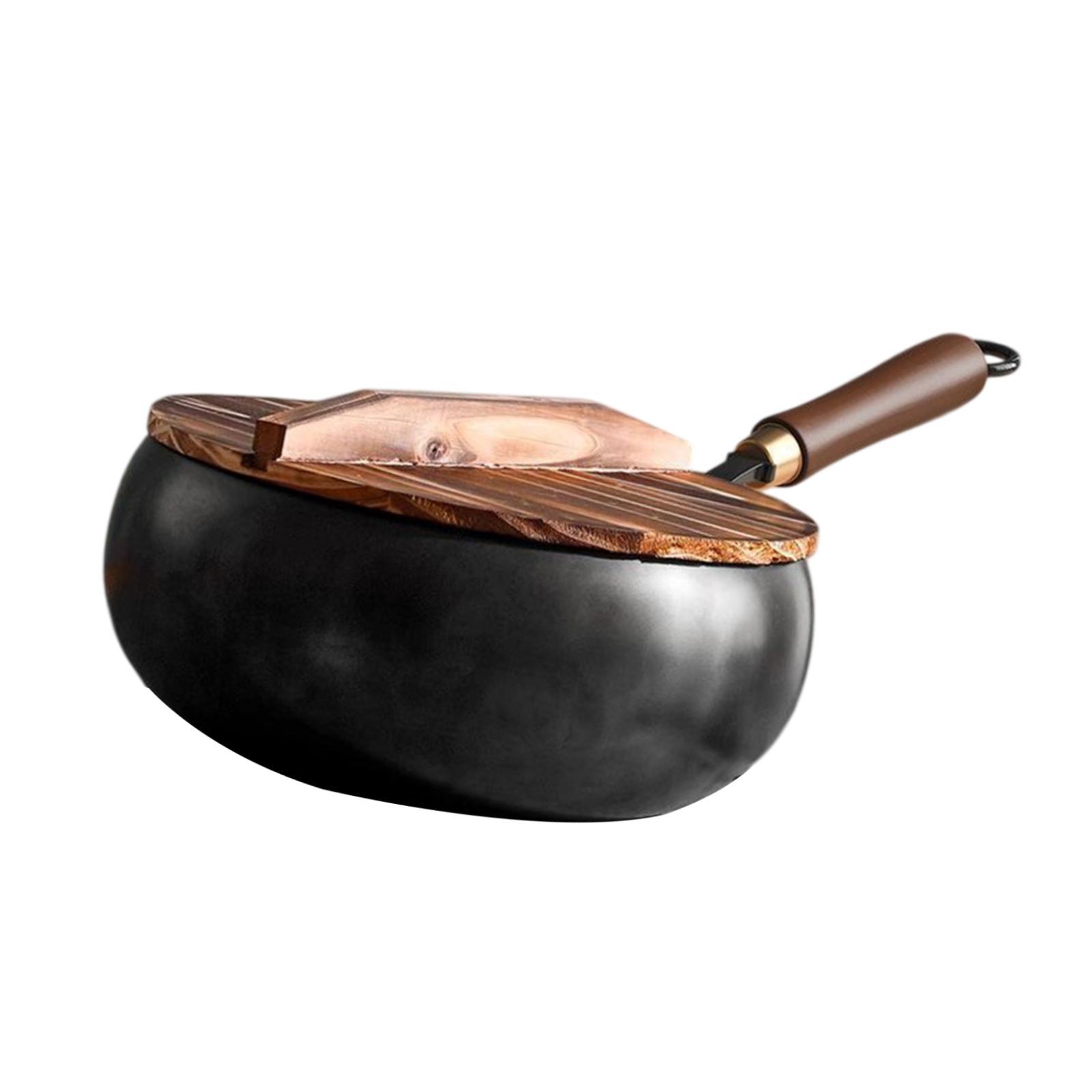 Magideal - 9.45 Pulgadas De Sartén Wok Freing Sin Recubrimiento De Gallineros Inducción De Inducción De Utensilios De Inducción Chino Bottomio Plano Para Acampar Tapa De Madera