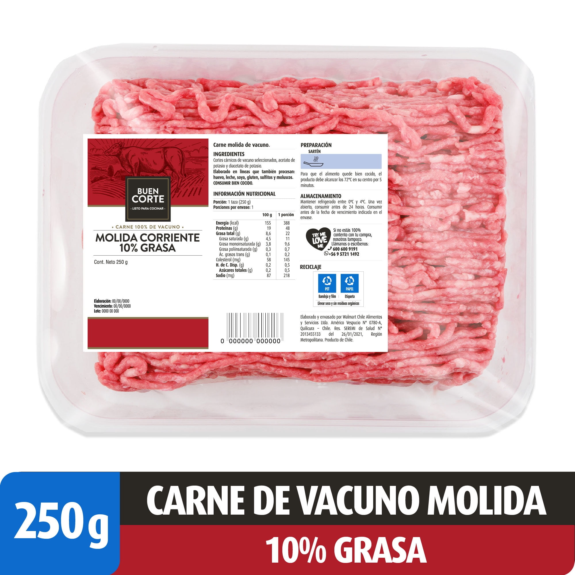 Carne De Vacuno Molida 10% Grasa Bandeja 250 g El Buen Corte