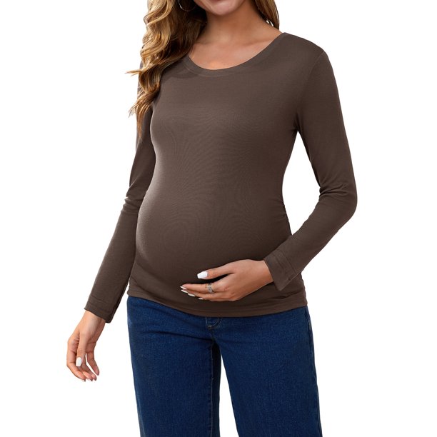 INSPIRE CHIC Camisetas de Maternidad para Mujeres con Fruncidos, Camisas de Manga Larga, Blusas Casuales, Camiseta Básica, Ropa 2025, Talla Grande, Color Café