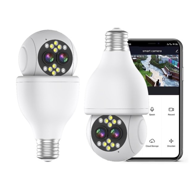  Bombilla de Luz Inteligente para el Hogar Cámara de Seguridad IP Doble Lente Zoom 5X Resolución 2K, Cámaras de Seguridad con Toma de Luz WiFi Inalámbrica 2.4GHz, Giro/inclinación 360° Detección de