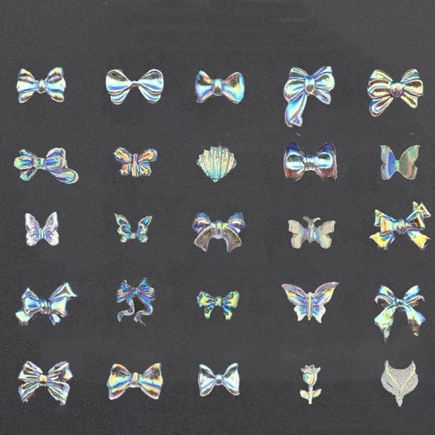 50 pcs Aurora Glitter 3D Cute Bow Nail Art Charm - Rhinestone Bow-Knot Nail Charms for Manicure Accessories and Design