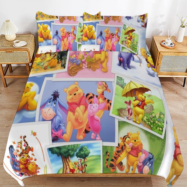 Winnie The Pooh Bed Duvet Cover Microfiber Bedding Sets 3D Printed Lightweight 3 Piece Comforter Sets for Kids Boys Girls