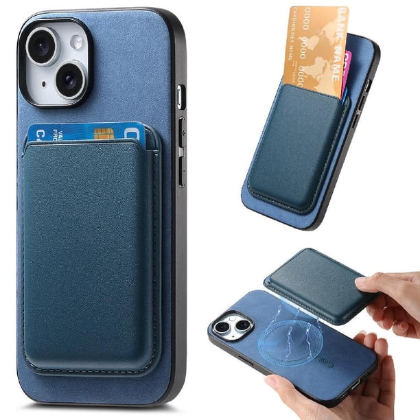 Funda de Cuero Magnética con Tarjetero para iPhone 15 Plus Cubierta Delgada Azul