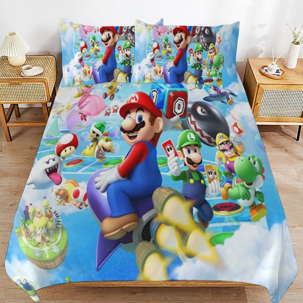 Super Mario Bed Duvet Cover Microfiber Bedding Sets 3D Printed Lightweight 3 Piece Comforter Sets for Kids Boys Girls